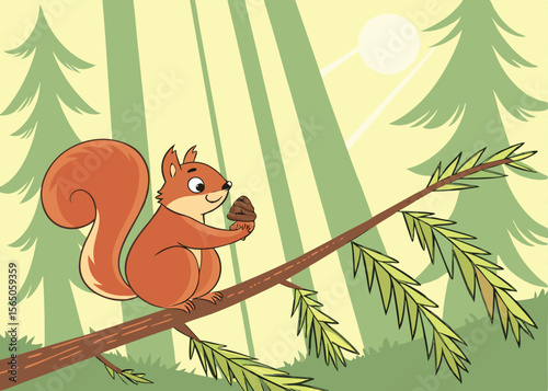 Squirrel in pine tree – vector art of squirrel perched among pine branches and needles