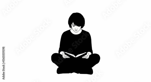 "Silhouette of Person Reading Cross-Legged | Black and White Book Lover Vector Icon"