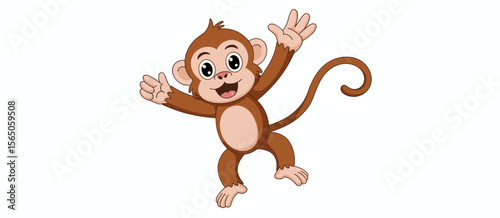 Cartoon monkey waving hand, smiling happily, cute animal character illustration
