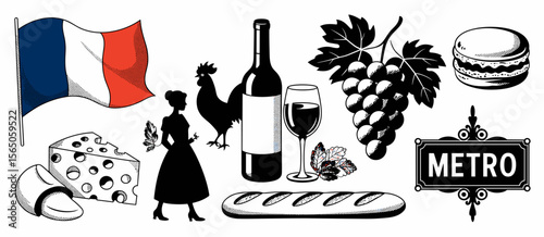 French culture icons: flag, cheese, baguette, wine, grapes, metro sign, rooster