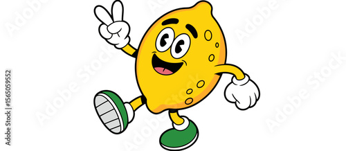 Cheerful lemon mascot cartoon character giving peace sign, food, fruit, yellow, happy, smile, face, fun, vector, illustration