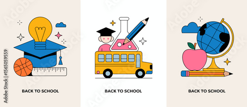 Back to school education vector illustration with graduation, science, and geography theme.