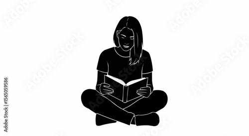 "Long-Haired Reader Silhouettes | Black and White Cross-Legged Reading Pose Vector Art"