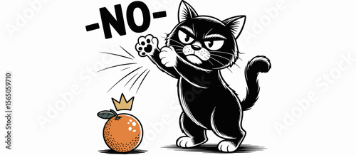 Cartoon cat says no to orange with crown, angry feline resisting fruit, humor