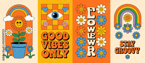 Retro groovy flower power designs featuring rainbows, eyes, and good vibes, retro art