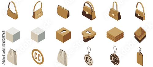 Isometric handbag set, bag, cube, tag, and drawstring pouch icon collection on white