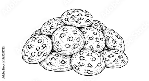 Pile of chocolate chip cookies sketch, dessert illustration, sweet snack, baked goods