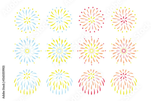 Colorful Fireworks Vector Set – 12 Types of Simple Designs