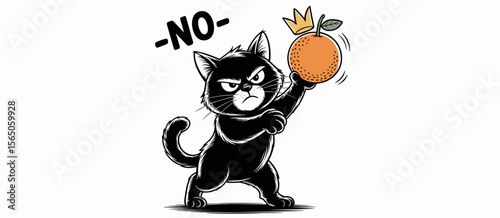 Grumpy black cat says no to orange with crown, angry pet, cartoon illustration