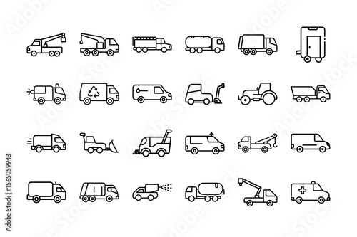 Public Service Municipal Transport Line Icon Set. Featuring Service Vehicles, Garbage Trucks, Ambulance, Crane, Tow Trucks, Delivery Vans, and More. Vector Illustration. Editable Stroke.