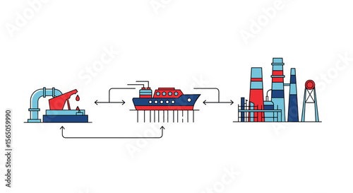 Global Supply Chain Oil Transportation and Delivery from Extraction to Refinery Illustration
