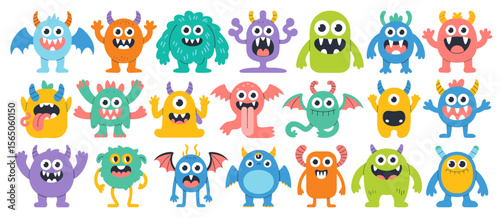 Cute monsters cartoon vector set. Funny colorful Halloween creatures, spooky character collection