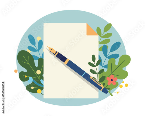 Blank paper with pen: Natural background featuring leaves and flowers. Symbolizes creativity, new messages, or elegant invitations, offering a clean, organic canvas for personal expression