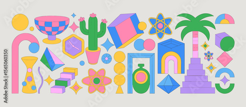Retro shapes, colorful graphic design, geometric patterns, abstract, psychedelic, 70s, design, vintage, vector, illustration