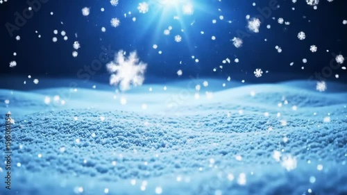 Falling snowflakes over glowing blue snow at night, shimmering and drifting