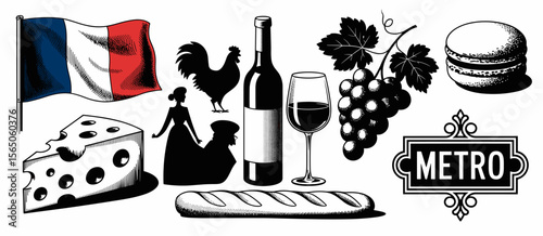 French culture icons: flag, rooster, wine, cheese, and Metro sign