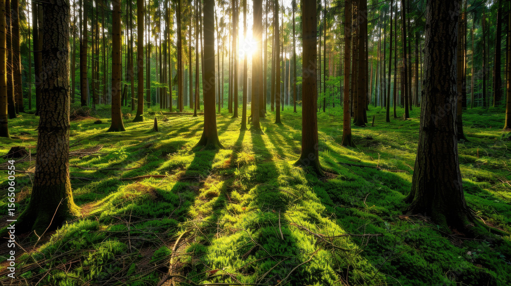 Fototapeta premium Serene forest scene featuring tall trees with sunlight streaming through canopy, casting long shadows on lush green undergrowth. vibrant greenery creates peaceful and inviting atmosphere