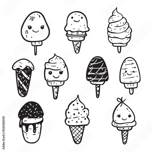 cute kawaii ice cream vector silhouette, Cute Cartoon Ice Cream Treats with Faces, Collection of Ice Cream in Different Flavors and Cones, Perfect for Summer Treats and Desserts