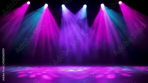 Empty stage with dramatic magenta and cyan spotlights and rolling fog animation