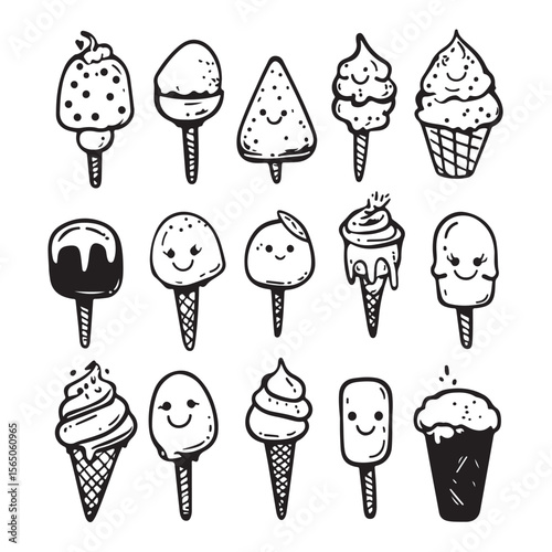 cute kawaii ice cream vector silhouette, Cute Cartoon Ice Cream Treats with Faces, Collection of Ice Cream in Different Flavors and Cones, Perfect for Summer Treats and Desserts