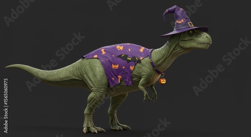 Tyrannosaurus Rex in Halloween Costume - A cute Tyrannosaurus Rex wearing a witch's hat and a Halloween-themed cape. Perfect for Halloween-themed designs and projects