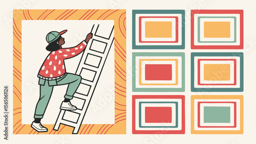A young Black female artist climbs a ladder with creative determination, surrounded by colorful abstract shapes.