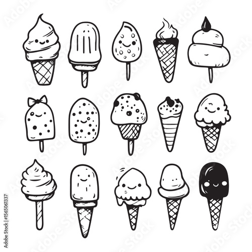 cute kawaii ice cream vector silhouette, Cute Cartoon Ice Cream Treats with Faces, Collection of Ice Cream in Different Flavors and Cones, Perfect for Summer Treats and Desserts