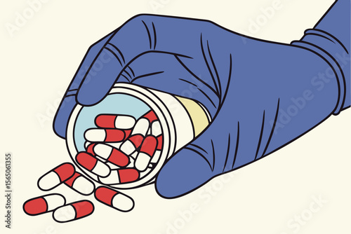 Gloved hand pouring red and white capsules from pill bottle on light background