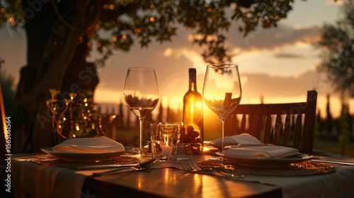 Serene outdoor table setting with elegant glassware and bottle of wine, illuminated by warm glow of summer sunset, creating romantic atmosphere