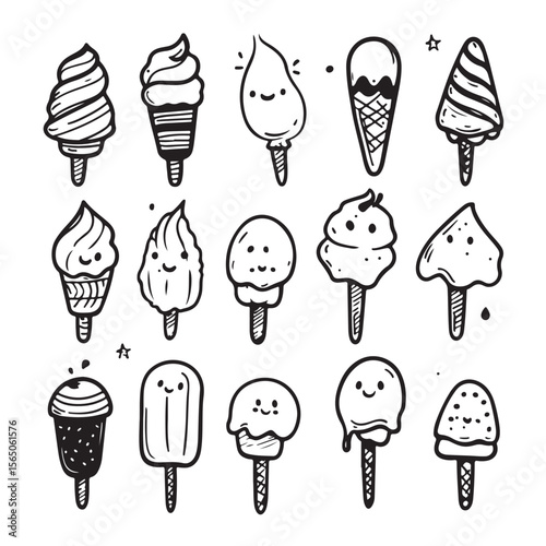 cute kawaii ice cream vector silhouette, Cute Cartoon Ice Cream Treats with Faces, Collection of Ice Cream in Different Flavors and Cones, Perfect for Summer Treats and Desserts