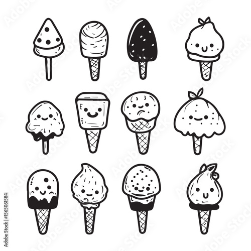 cute kawaii ice cream vector silhouette, Cute Cartoon Ice Cream Treats with Faces, Collection of Ice Cream in Different Flavors and Cones, Perfect for Summer Treats and Desserts