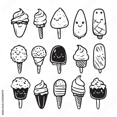 cute kawaii ice cream vector silhouette, Cute Cartoon Ice Cream Treats with Faces, Collection of Ice Cream in Different Flavors and Cones, Perfect for Summer Treats and Desserts