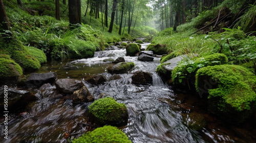 Clear stream flows gently through vibrant green forest, surrounded by lush moss covered rocks and tall trees, creating serene and peaceful atmosphere