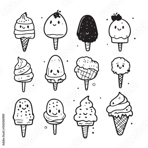 cute kawaii ice cream vector silhouette, Cute Cartoon Ice Cream Treats with Faces, Collection of Ice Cream in Different Flavors and Cones, Perfect for Summer Treats and Desserts