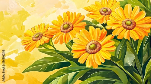 Vibrant Yellow Gerbera Daisies Floral Painting