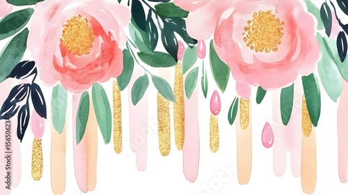 Watercolor Floral Design with Gold Drips and Pink Flowers