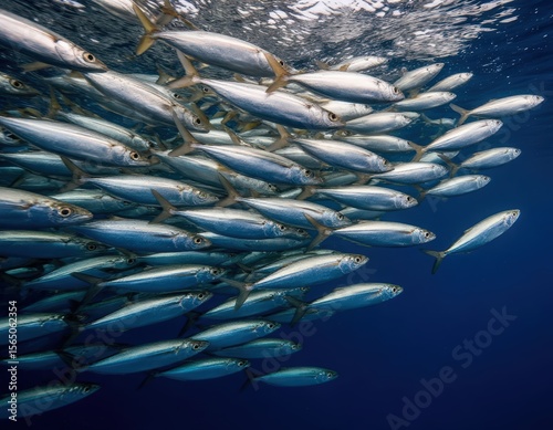 A shimmering mass of sardines moves as one, forming a silvery, fluid shape. photo