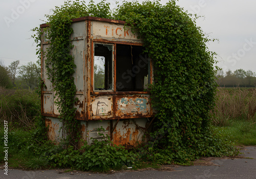 Overgrown abandoned ticket booth
