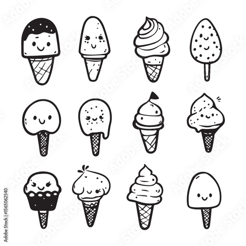 cute kawaii ice cream vector silhouette, Cute Cartoon Ice Cream Treats with Faces, Collection of Ice Cream in Different Flavors and Cones, Perfect for Summer Treats and Desserts