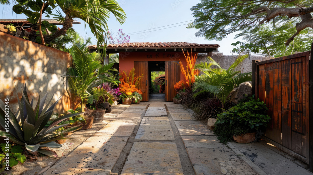 Fototapeta premium Vibrant front gate surrounded by colorful plant arrangements in sunny garden setting creates welcoming atmosphere. lush greenery and bright flowers enhance beauty of entrance