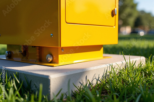 Bright yellow junction box mounted on concrete pad, providing electrical connections in outdoor setting. Junction box setup includes bolted connections, and yellow painted surface, for safety.