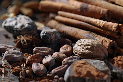 Premium Quality Picture of Cocoa Beans Chocolate Nuts and Cinnamon Sticks