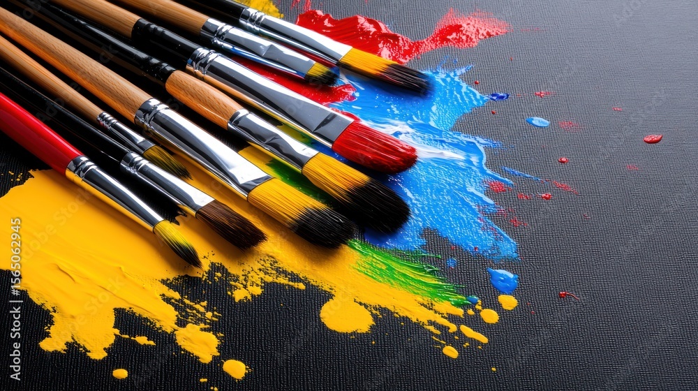 Obraz premium Vibrant Paintbrushes and Splashes: Artistic Composition on Textured Black Surface