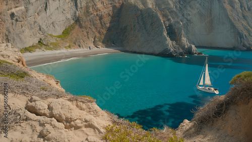 Hidden Coastal Cove with Crystal Blue Water and Rocky Cliffs ,Perfect Nature Escape, Ocean Cave Entrance with Turquoise Water and Blue Sky Background.