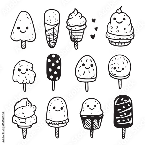 cute kawaii ice cream vector silhouette, Cute Cartoon Ice Cream Treats with Faces, Collection of Ice Cream in Different Flavors and Cones, Perfect for Summer Treats and Desserts