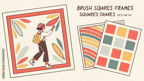 A stylish young woman of mixed ethnicity strolls in an artistic environment, framed by colorful graphic designs.