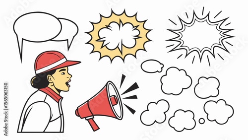 A focused woman with dark hair, wearing a red cap, passionately speaks into a megaphone, expressing enthusiasm and energy.