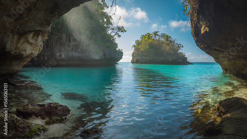 Hidden Coastal Cove with Crystal Blue Water and Rocky Cliffs ,Perfect Nature Escape, Ocean Cave Entrance with Turquoise Water and Blue Sky Background.