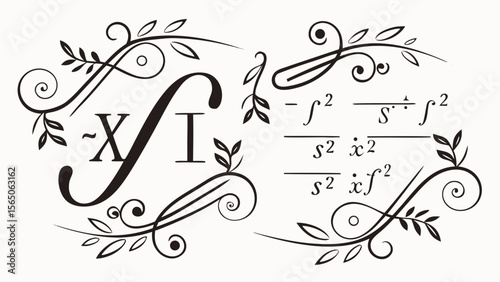 Elegant mathematical design featuring decorative elements and equations in a sophisticated, artistic style.