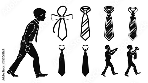 A collection of stylish neckties and a silhouetted businessman walking, representing professionalism and fashion.